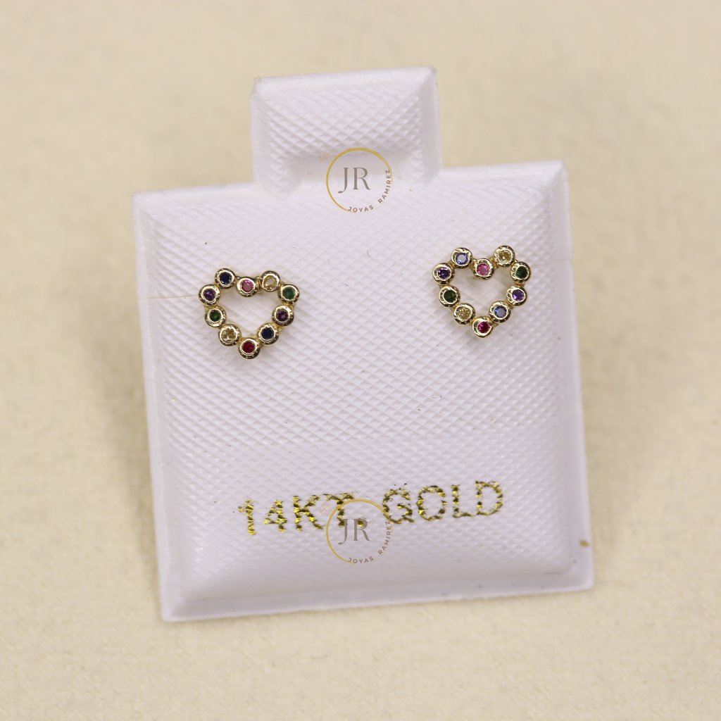 14k Yellow Gold Heart Stud Earrings With Rainbow Colors Dainty & Elegant.